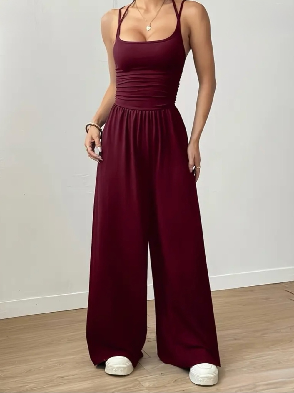 Wide-Leg Jumpsuit in Burgundy - Sleeveless Strappy Top - Picture 5 of 5